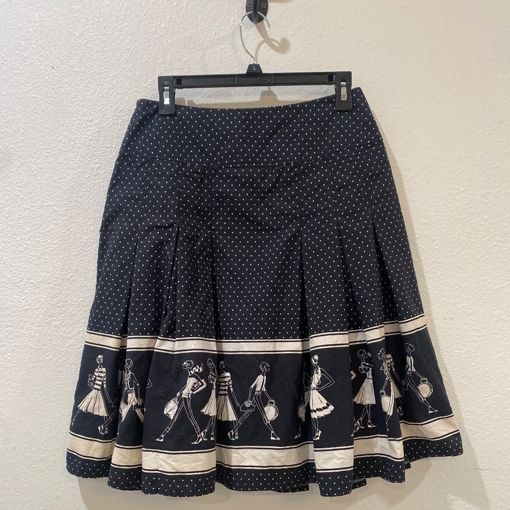Liz Claiborne Black w Polka Dots 60's Retro Fashion Model Print Pleated Skirt 8